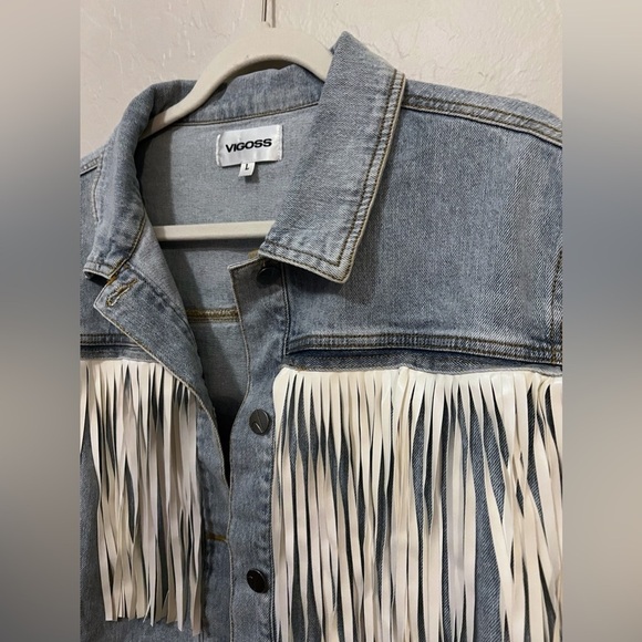 NWT Vigoss denim blue jean jacket with fringe 100% cotton size large - Picture 9 of 12